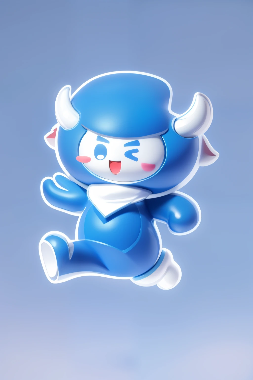 A cute blue cartoon mascot with blue and white color scheme, white face, two horns on its head, wearing a triangular scarf, smiling with its mouth open, jumping in the air, simple background, white background, simple lines and Shaped character design surreal, full body, blushing, beady eyes, 3D effect, clear outline light, rim light, spotlight, 8k