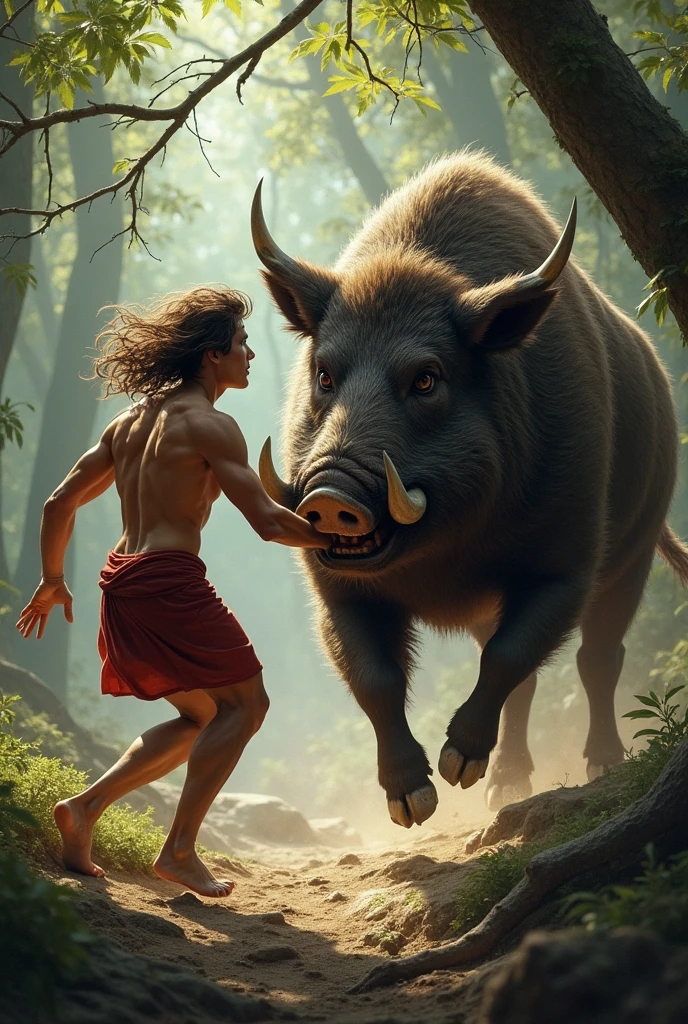 One day, while Adonis was hunting, a wild boar attacked him, do it with brown hair