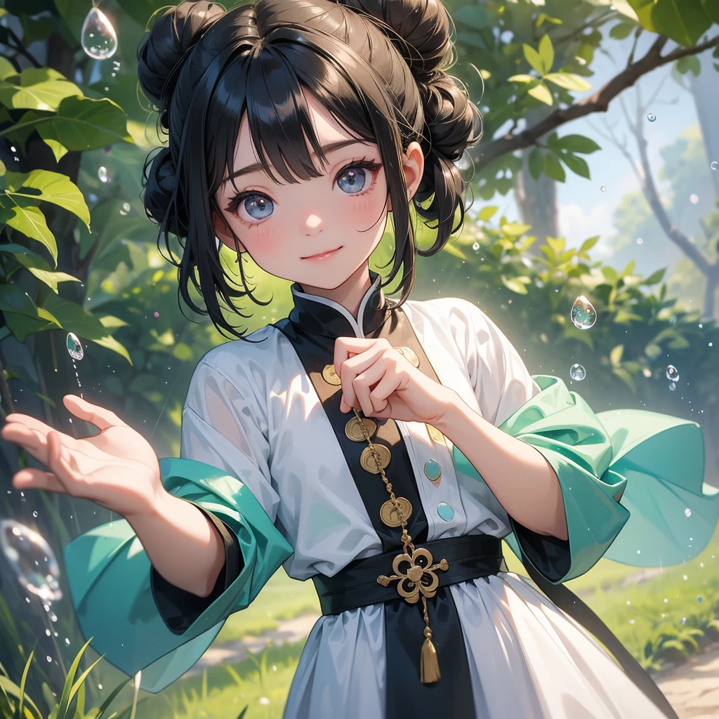 A chibi child girl had a small face and Wearing white little Taoist priest's outfit. A pair of big round eyes shone with curiosity about him. This child was so cute, Background is trees, vegetables, lush green, with water drops after rain, with water droplets everywhere, green
her hair is black with two buns on her hair.small chibi, chibi baby, smiling ,Chibi.