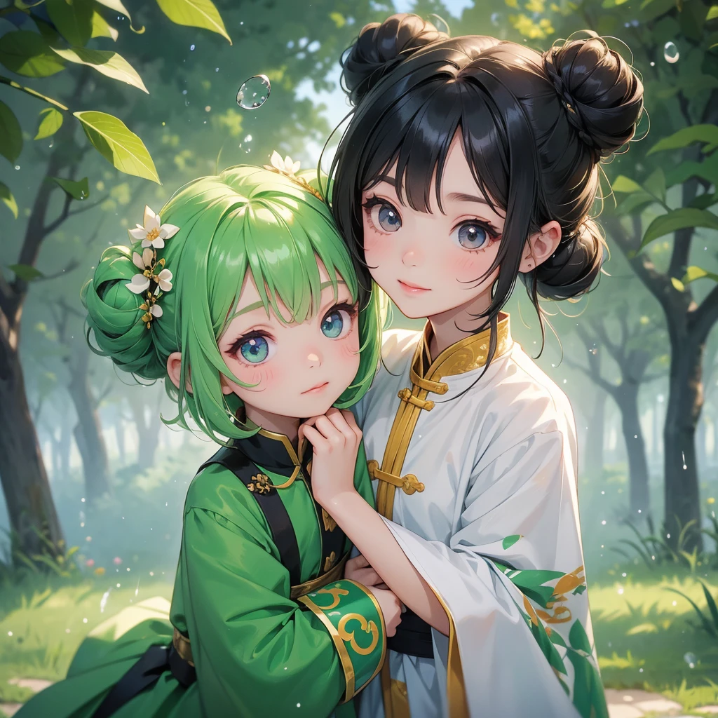 A chibi child girl had a small face and Wearing white little Taoist priest's outfit. A pair of big round eyes shone with curiosity about him. This child was so cute, Background is trees, vegetables, lush green, with water drops after rain, with water droplets everywhere, green

her hair is black with two buns on her hair.small chibi, chibi baby, smiling ,Chibi.

