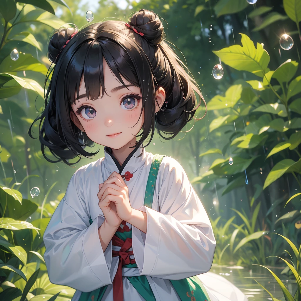 A chibi child girl had a small face and Wearing white little Taoist priest's outfit. A pair of big round eyes shone with curiosity about him. This child was so cute, Background is trees, vegetables, lush green, with water drops after rain, with water droplets everywhere, green
her hair is black with two buns on her hair.small chibi, chibi baby, smiling ,Chibi.