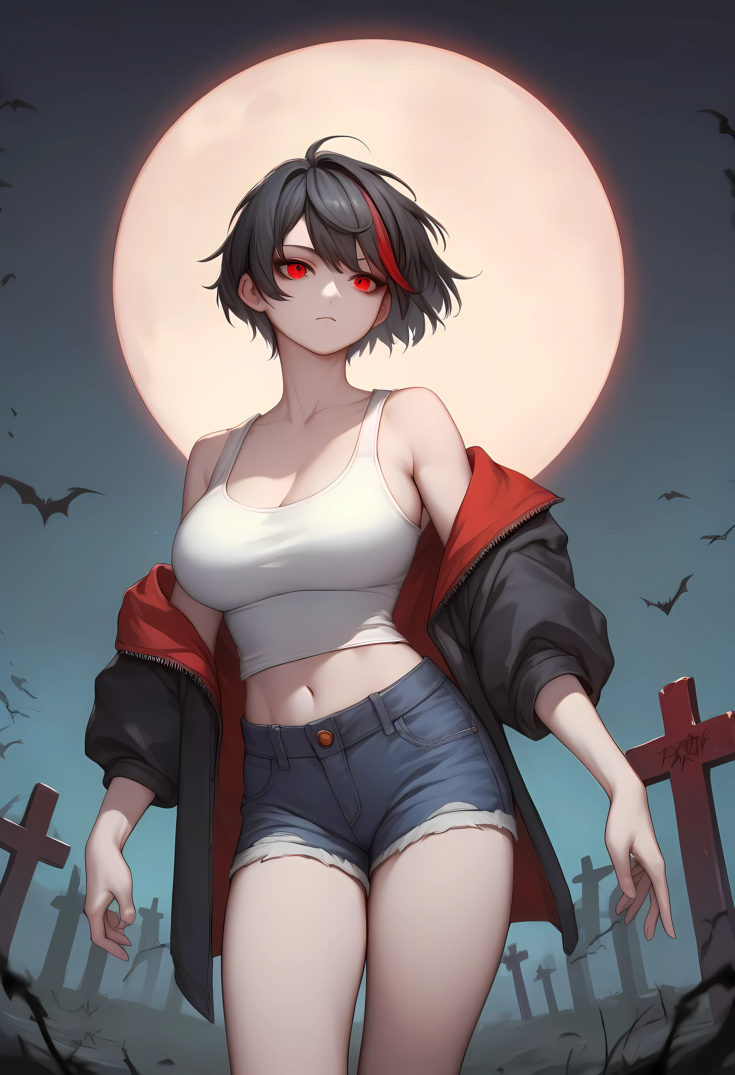 score_9, score_8_up, score_7_up, score_6_up, score_5_up, score_4_up, source_anime, rating_safe, SFW, 1girl, red eyes, black hair, red streaked hair, white pale skin, big breasts, white tank top, (off-shoulder), black shirt, denim shorts, vivid colors, graveyard background, moon