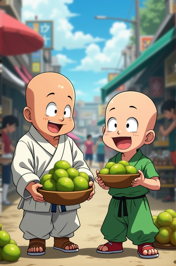 Master Happosai from the anime Ranma, along with Krillin from the anime Dragon Ball Super selling Kiwis