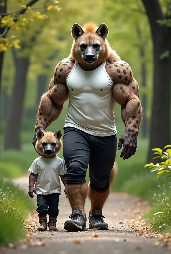 A humanoid body builder hayena 
 with his son hayena walking in the park, wearing white shirts, black pants, and white rubber shoes, 8K