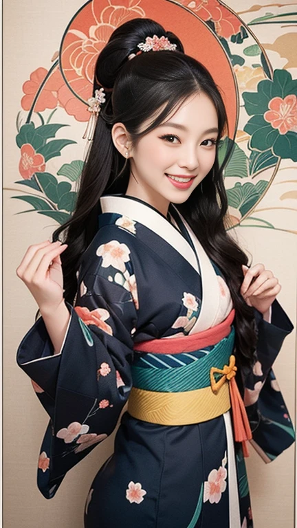 (SeaArt creates stunning illustrations of beautiful women in kimono)、Vividly colored Japanese Ukiyo-e style illustrations、A beautiful woman smiles and shows her upper white teeth、Brown-black long hair、Beautiful full body style、If you want to dance, let's dance, Tokyo Ondo, Yoi Yoi、Beautiful new digital paintings,、Bright vibrant digital anime art、 Beautiful anime portraits、background,Torii gate front of Japanese shrine、 Detailed digital anime art、