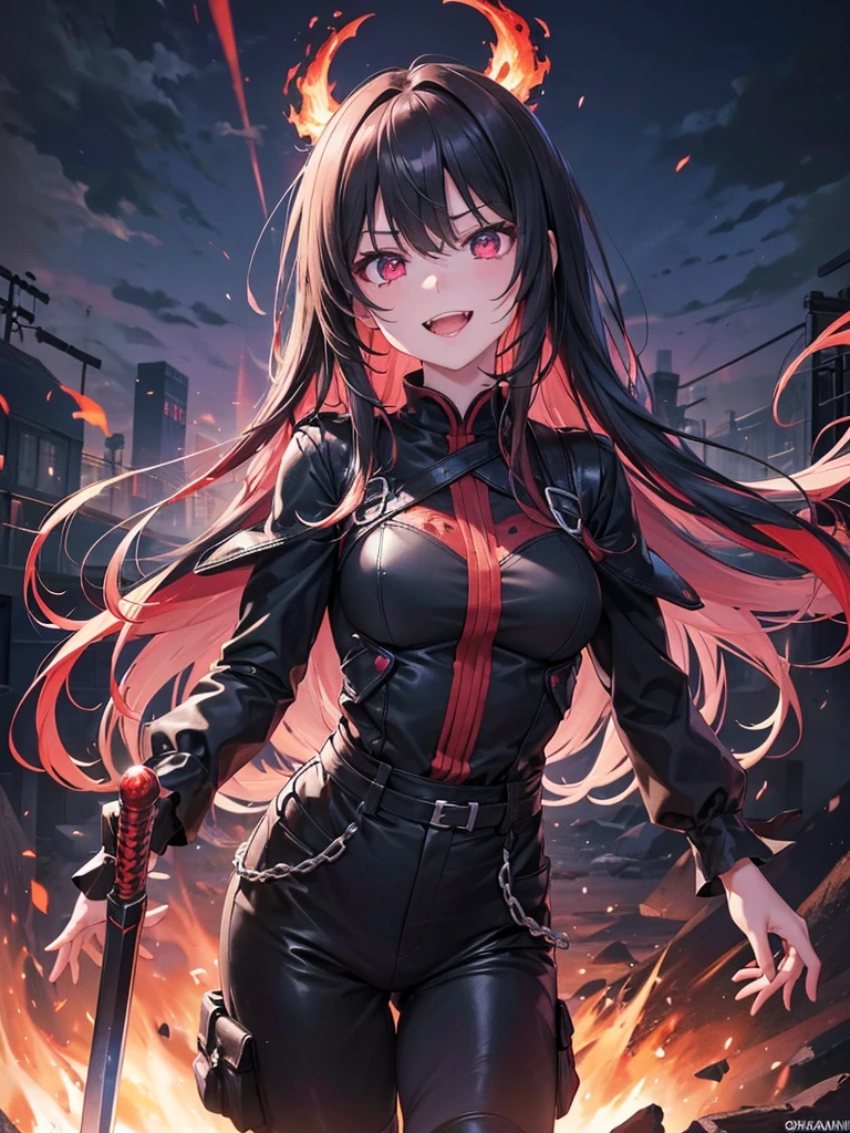 (16K,Ultra-high resolution,Highest quality,masterpiece,Super detailed,Very vivid CG),((額に漆blackの鬼の角が生えた闇堕ちした美少女)),A large sword imbued with blue flames,Overall dark outfit,Red glowing eyes,Anatomically correct body,Highly detailed facial features, Beautiful and perfect face, Perfect Eyes,angle from below,Photographed from the front,Standing on a giant pillar of flame, he looks down on the viewers.,Eyes without highlights,blackと紫の衣装,Perfect lighting,black,Red ice scattered on the ground,Blue-violet skin,Perfect lighting,Wicked Smile,Laugh with your mouth wide open,Big fangs,Explosive Flame Background,A burnt-out town in the middle of the night,A thunder-filled sky