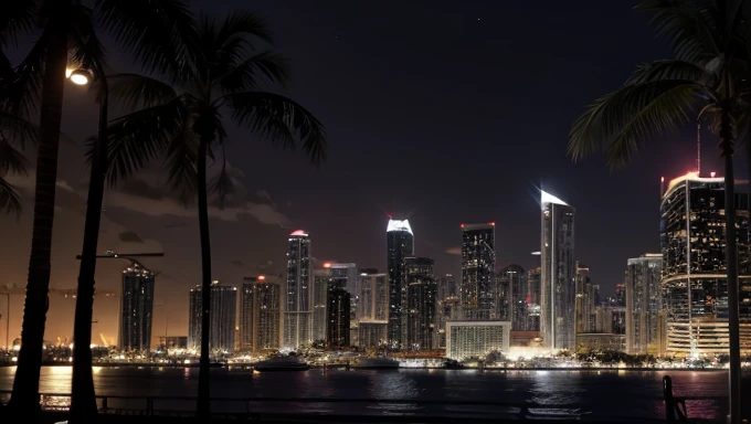 Take a picture of the Miami skyline at night, with buildings, palmtrees, sports cars and basketball in Miami Heat color scheme (blackw, rot)