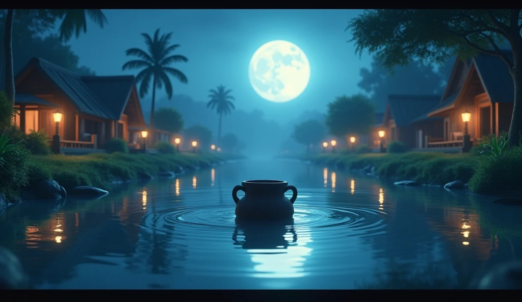 In cinematic 2d cartoon style log shot indian village The pond reflecting the moonlight as the pot disappears beneath the surface, symbolizing the end of its magic.