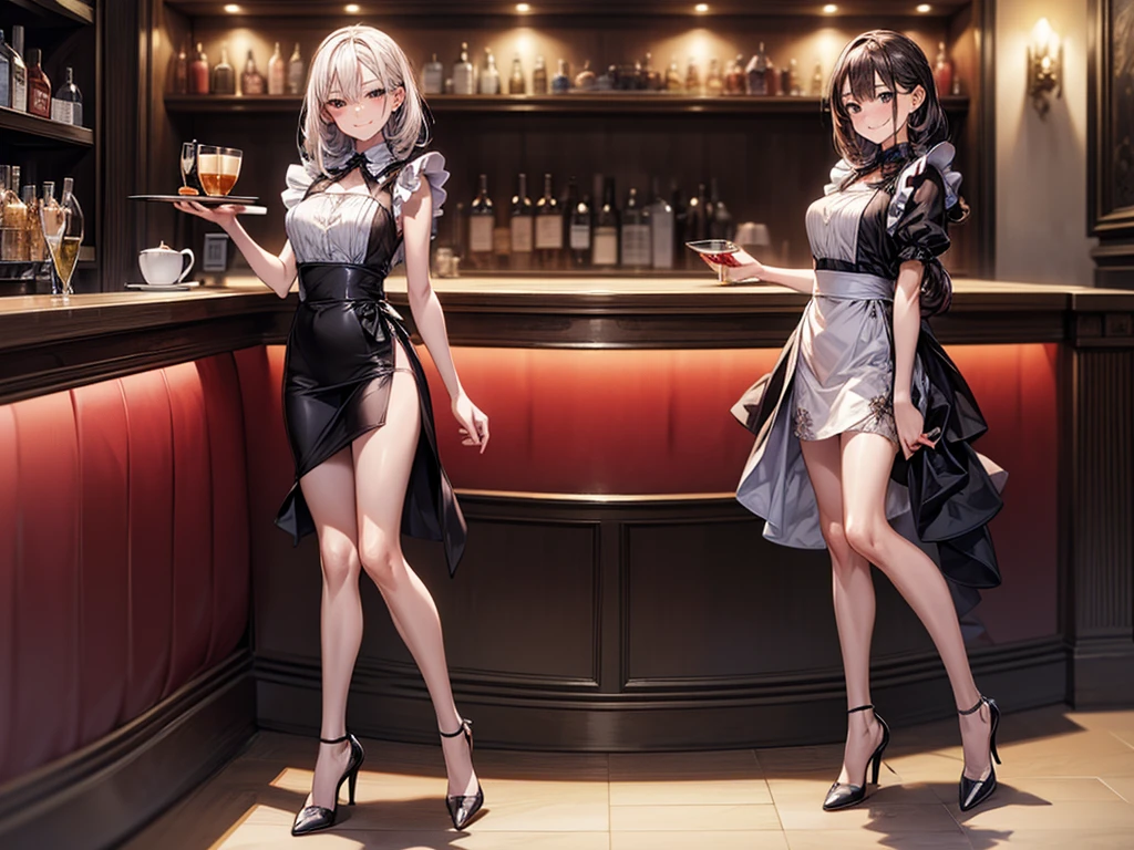 (masterpiece:1.3),(best quality, highest quality),((Full Body Shot,Including face)),girls,4K,masterpiece,((Focus on the face)),((Symmetrical facial features)),Beautiful woman,(slender),((High heels)),Detailed depiction of the face, Cafe ,bar,Maid clothes,skirt,Age 25,(smirk),kawaii, (illustration:1.3)