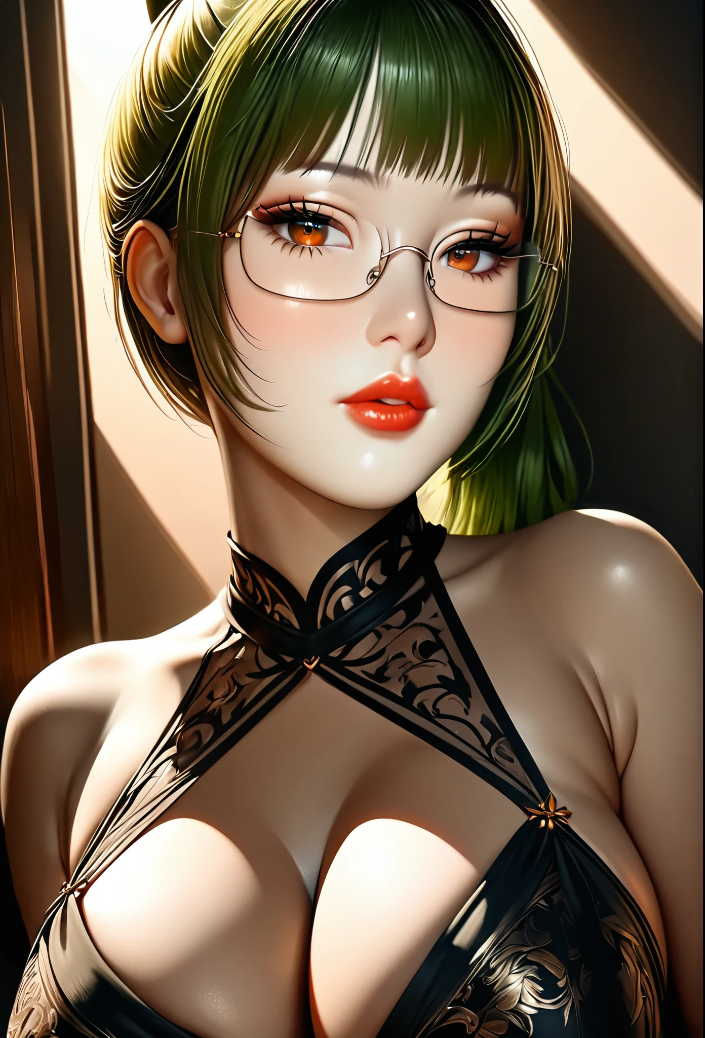 1girl, elegant erotic beautiful girl, big breasts, ((long green hair with pony tail and straight bangs)), glasses, maxi dress, adultery, indecent, vulgar, (best quality,4k,8k,highres,masterpiece:1.2),ultra-detailed,(realistic,photorealistic,photo-realistic:1.37),intricate details, delicate facial features, beautiful amber eyes, ulzzang, long eyelashes, small nose, full lips, porcelain skin, natural lighting, warm color palette, chiaroscuro lighting, dramatic shadows, sensual, alluring, mature themes, artistic, dreamlike, ethereal, sideboob, cleavage, looking at viewer, ulzzang, (amber eyes), (close up face portrait),