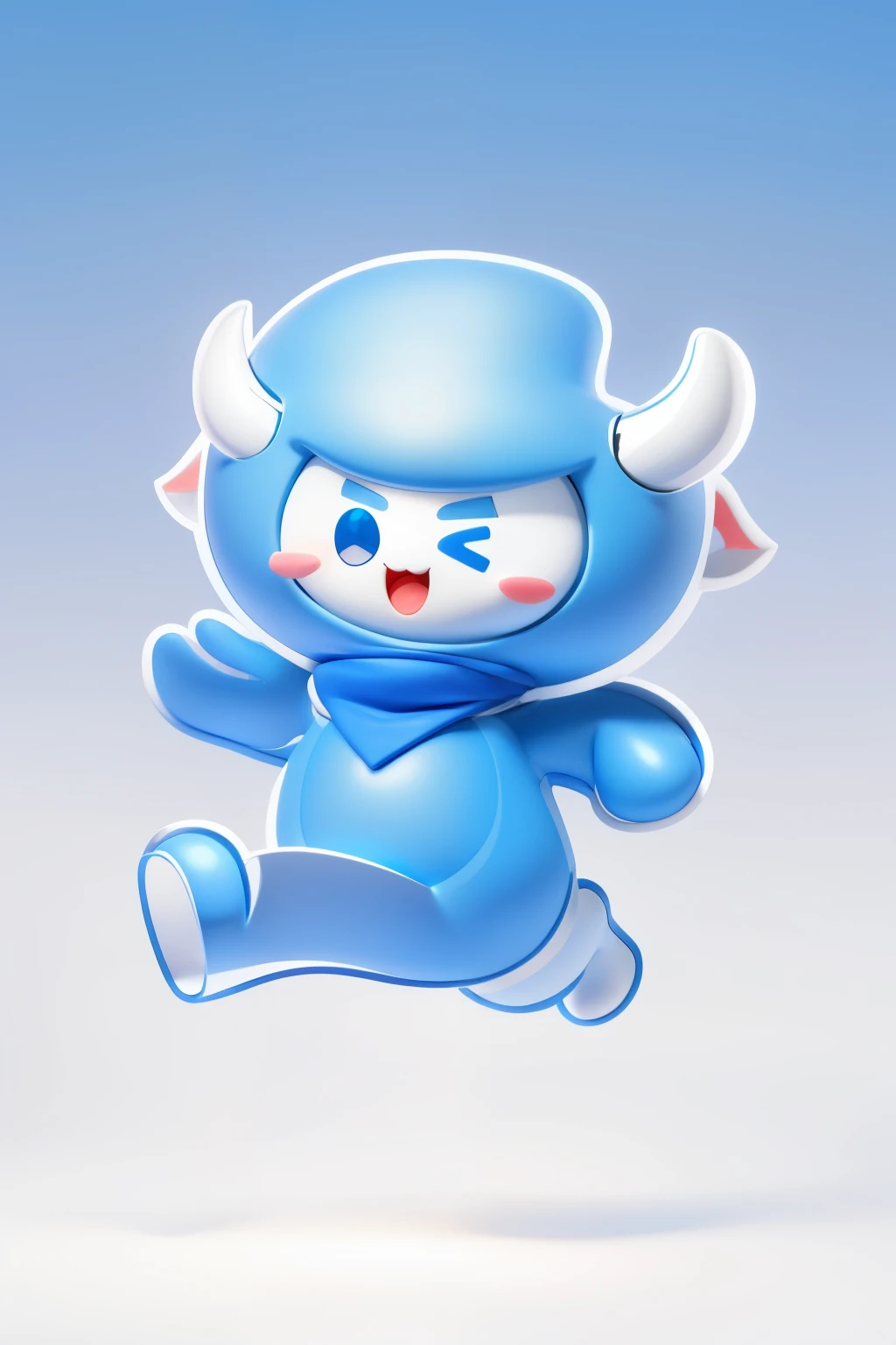 A cute blue cartoon mascot with blue and white color scheme, white face, two horns on its head, wearing a triangular scarf, smiling with its mouth open, jumping in the air, simple background, white background, simple lines and Shaped character design surreal, full body, blushing, beady eyes, 3D effect, clear outline light, rim light, spotlight, 8k