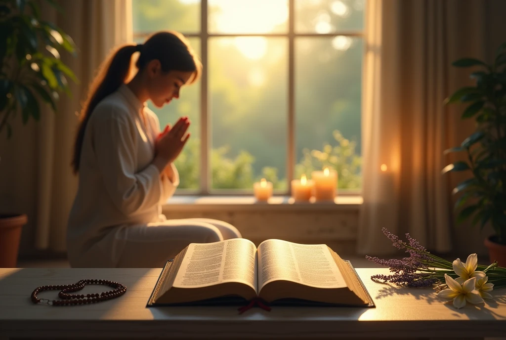 Create a realistic and inspiring scene that highlights a Bible as a background in an ideal environment for prayer. Imagine a quiet and cozy space at dawn, with soft natural light entering through a large window. Place the Bible on a simple pedestal or altar in the center of the scene, with visible open pages revealing passages of text that suggest a message of hope and faith.

Around the Bible, create a prayer environment with a modestly decorated table or altar, including lighted candles, a rosary, and fresh flowers such as lilies or lavender that add a touch of beauty and serenity. In the foreground, place a person in a prayer position - kneeling or sitting in a comfortable seat - with an expression of peace and contemplation, reflecting a deep spiritual connection.

The background can include a natural environment, such as a serene garden with trees and flowers, or a room interior with stone or wood walls, creating a harmonious contrast with the soft morning light. Use a palette of soft, warm colors - shades of gold, green and light blue - to evoke a sense of calm and inspiration. Make sure the Bible is highlighted, symbolizing the importance of prayer and spiritual reflection."