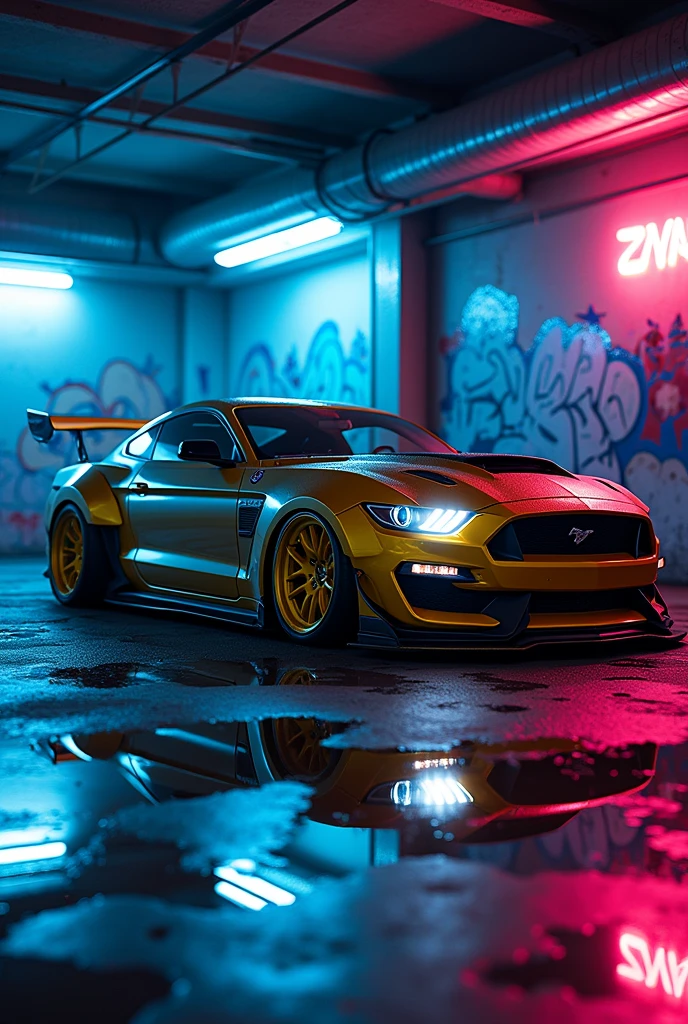 can u crate a ford mustang with bodykit in a garage with neon blue and pink and the garage is all wet with graffiti design and yellow wheels rotate the car to the right