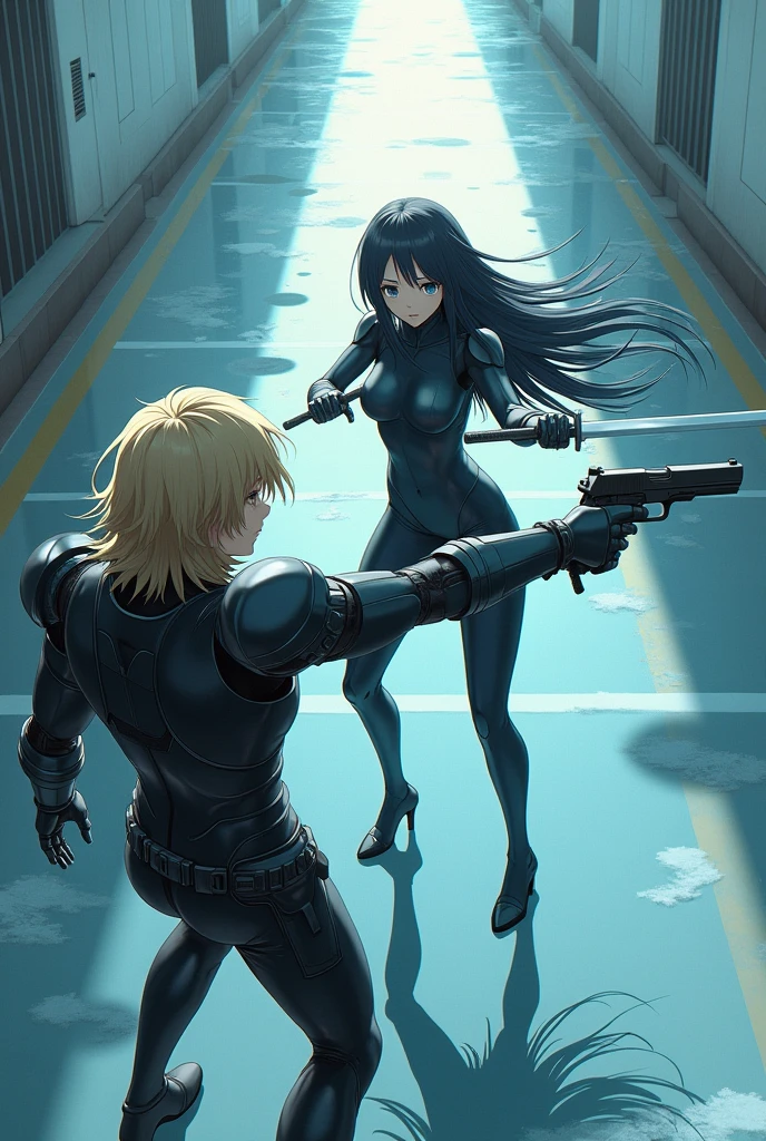 The image is anime style with shadows and dim lights, anime style although somewhat adult and dark, It shows a scene of a wide street with white walls., and whose soil, It's like crystal clear water, which perfectly reflects what happens on its surface. On that street a man with medium-length blond hair is fighting, wearing armor on his arms and holding a gun., against a single android with long black hair and a latex suit holding two swords in her hands. The image is focused from above, so you can barely see the fighters in question.