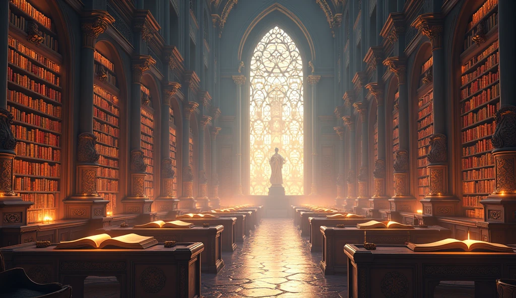 Serene Angelic Library at Dawn, An ancient library in the city of angels, bathed in the soft, golden light of the early morning. The library is a vast structure, with towering bookshelves filled with glowing scrolls and books. The air is filled with a gentle, otherworldly light, ornate desks. The peaceful atmosphere is enhanced by the faint sound of turning pages, Dynamic pose, Strong contrast, Good depth of field, 8K wallpaper, Masterpiece, Aesthetic illustration in realistic style, best quality, natural light, high res, highly detailed, All the colors and materials in this work are very harmoniously combined, bioluminescent flora