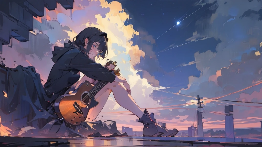 masterpiece,night,(dark alley),star、Night evening Sky、milky way、octone、
(1. Female), (solo), Knee hugging sitting，acousticguitar