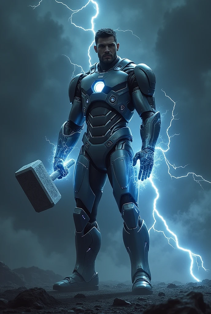 Who man stand in black night wearing a iron man suit with lightining name "yagnesh" In hand take a thor hammer