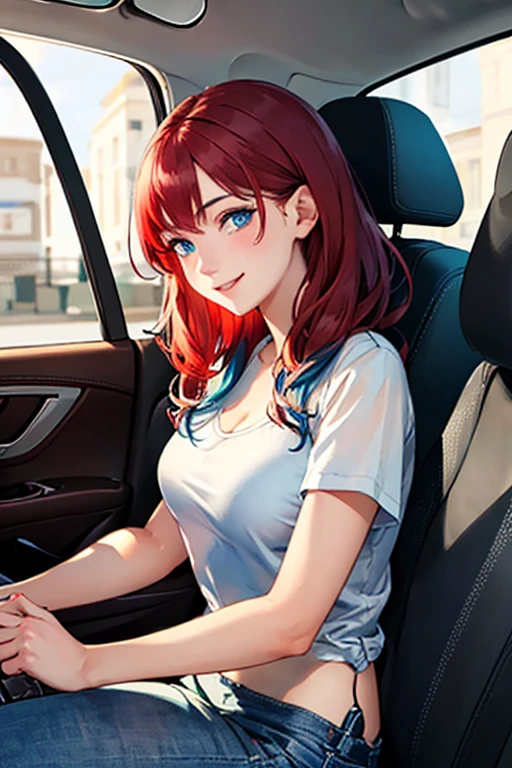 ((masterpiece)), (((best quality))), chromatic lighting,
colorized, red + white limited color palette,
detailed concept drawing, inside a car,
portrait, 20yo 1girl, medium soft breasts, slender, long red hair, blue eyes, smiling, no weird objects or colors on the face
