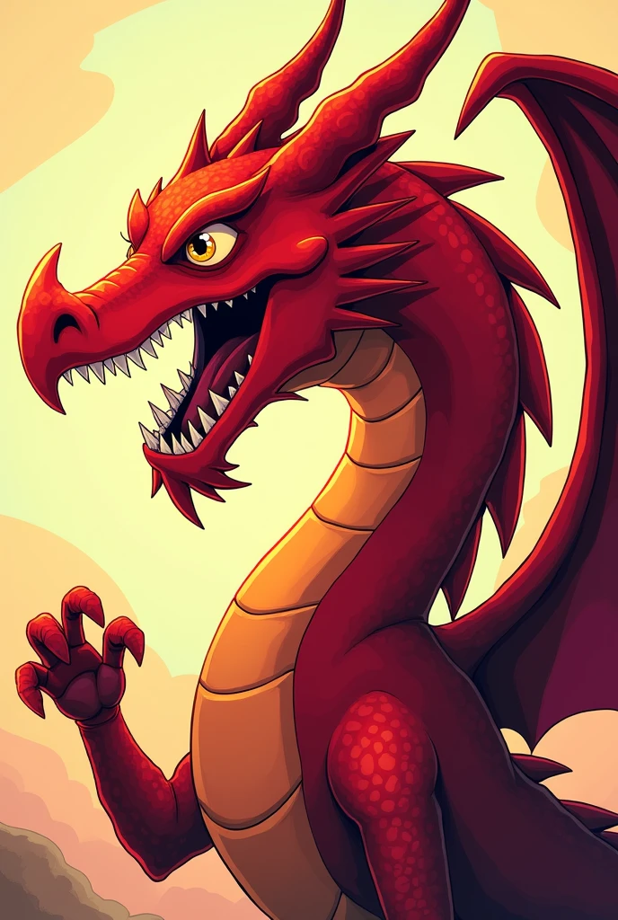 Create a red dragon from D&D 2024 with a focus on a modern comic book style. The dragon should have a vibrant crimson color with bold, clean outlines and flat colors. Ensure the head reflects the latest design, featuring a more angular and streamlined snout, fierce eyes with a focused, intense gaze, and prominent, curved horns that sweep back. The mouth should display sharp, defined teeth. The scales should be simplified and stylized rather than realistic. Emphasize a dynamic, heroic pose with exaggerated features typical of contemporary comic art. Avoid any realistic textures or details to maintain a true comic book aesthetic