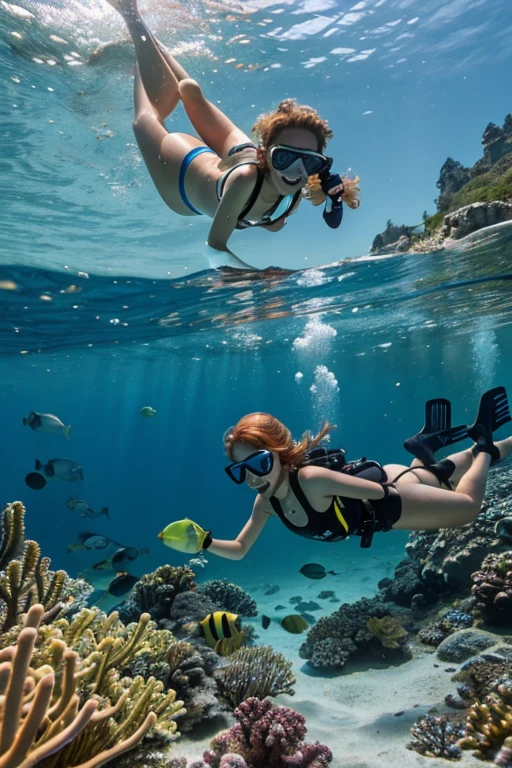 Happy skinny s family scuba-diver sweden, with short ginger hair, dressed in light panimsuit, happy to pet fish, on a scorching summer day, in the lagoon on holidays.