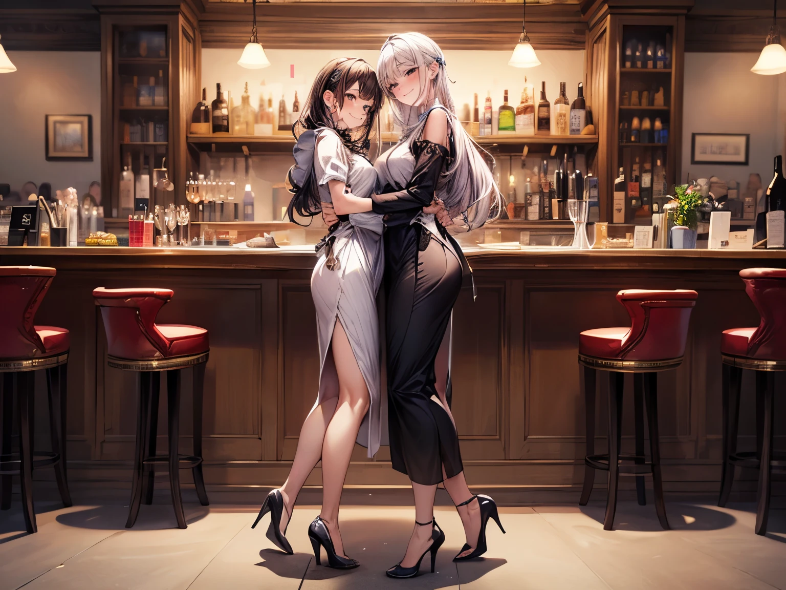 (masterpiece:1.3),(best quality, highest quality),((Full Body Shot,Including face)),girls,4K,masterpiece,((Focus on the face)),((Symmetrical facial features)),Beautiful woman,(slender),((High heels)),Detailed depiction of the face, Cafe ,bar,Maid clothes,skirt,5,(smirk),kawaii, (illustration:1.3)