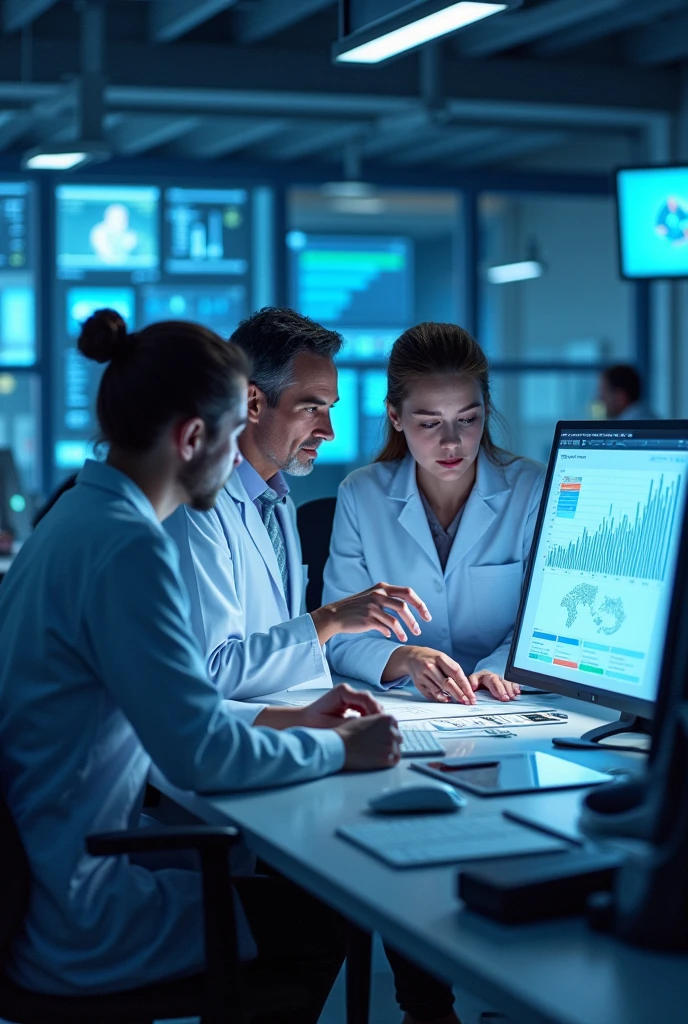 researcher analyzing data and discussing findings with a team.