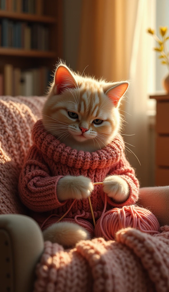 a cat, knitting a sweater, detailed fur, cute expression, sitting on a chair, cozy home interior, warm lighting, intricate stitching, soft yarn, (best quality,4k,8k,highres,masterpiece:1.2),ultra-detailed,(realistic,photorealistic,photo-realistic:1.37),award winning digital art, highly detailed, vibrant colors, soft focus