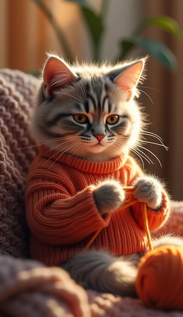 a cat, knitting a sweater, detailed fur, cute expression, sitting on a chair, cozy home interior, warm lighting, intricate stitching, soft yarn, (best quality,4k,8k,highres,masterpiece:1.2),ultra-detailed,(realistic,photorealistic,photo-realistic:1.37),award winning digital art, highly detailed, vibrant colors, soft focus