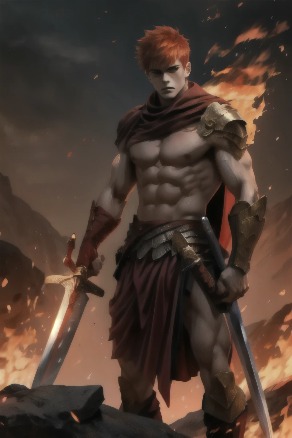 a beautiful shirtless young man, very huge sword, red head, angry face, standing in fire
