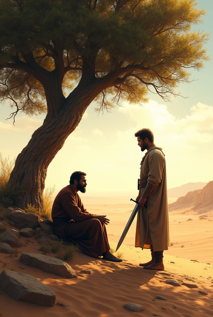 A man sits under a tree in the desert while another man stands with a sword in his hand asking for forgiveness