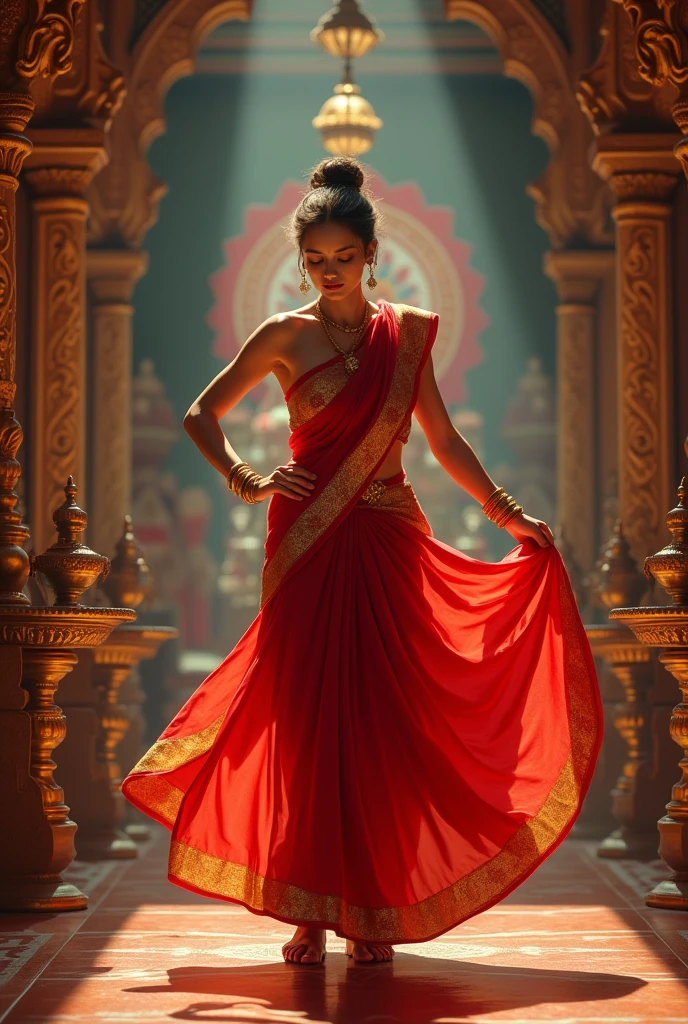 A mother wearing red saree, dancing in pooja room, navel visible