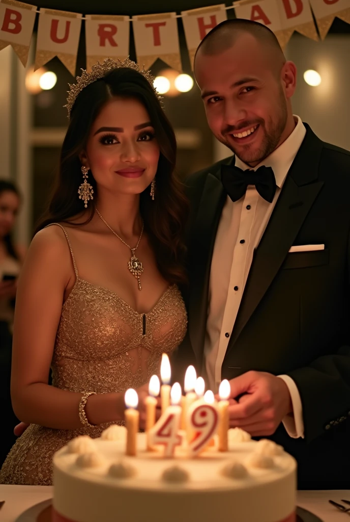a birthday celebration dinner of an Indonesian woman showing 1 lady and 1 gentleman wearing upscale attires, the lady is wearing a necklace with a cross at the end, hyper realistic, the gentleman's hair style is Buzz Cut, UHD image, delightful and cheerful. Both people are facing camera. The gentleman is giving a birthday give to the lady. There is a cake with candle number 49. A banner behind with a caption "Happy Birth Day, Diah"