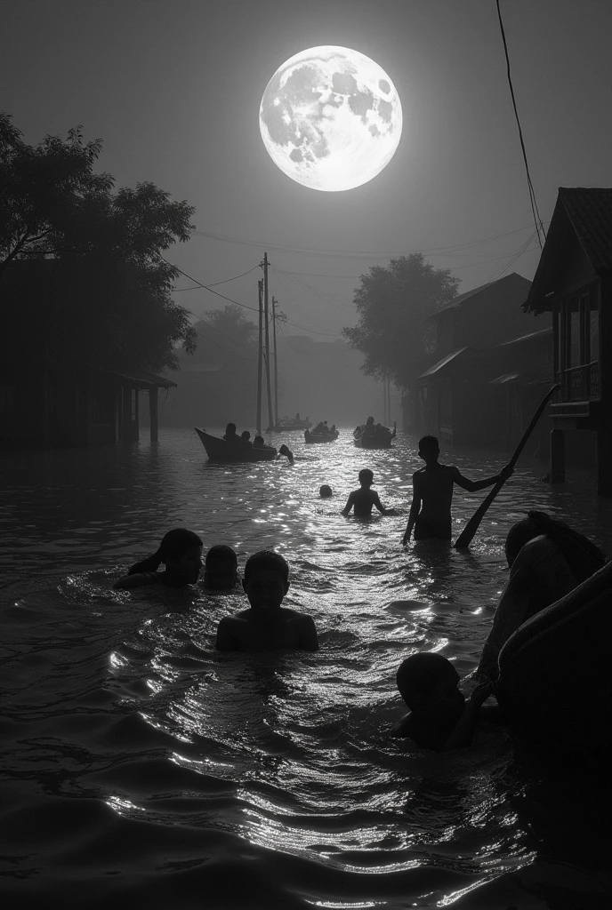 Create facebook cover black and white picture with these description : Under the haunting glow of a full moon, Bangladeshi villagers battled rising floodwaters, clinging to boats or swimming through the dark currents. The night air was thick with fear and desperation as families sought safety, their cries echoing in the stillness. The moonlight, both a guide and a stark reminder of their plight, reflected the resilience of those fighting to survive, even as the water swallowed in bangladesh
