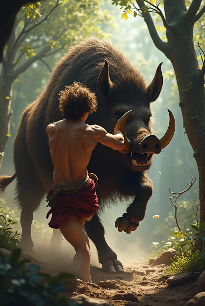 One day, while Adonis was hunting, a wild boar attacked him, do it with brown hair