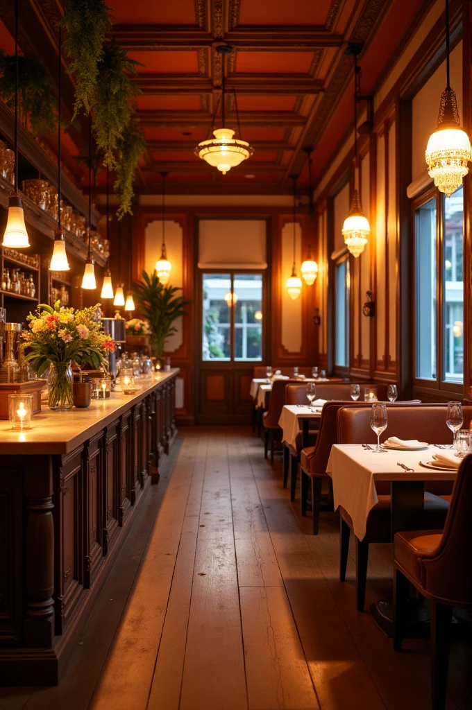 Pls help me create my new restaurant pls i want restaurant that not too big and not too small and i want cozy and cinematic and also Parisian and thai vibe mixed together all but i want to emphasize cozy and cinematic more and also want orange light too!