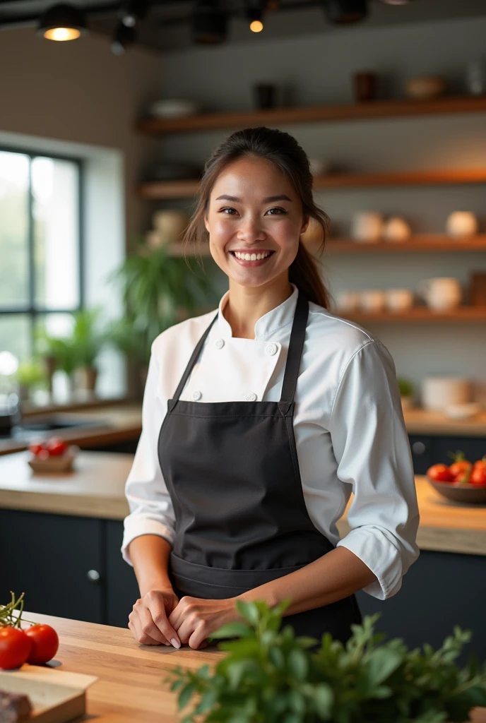 "A professional-looking, 3 American female , wearing a modern chef's coat and apron in a well-lit, stylish kitchen. She should appear friendly and confident, with a warm smile. The kitchen background should include sleek countertops, fresh ingredients, and soft natural lighting, creating a welcoming and inspiring atmosphere."