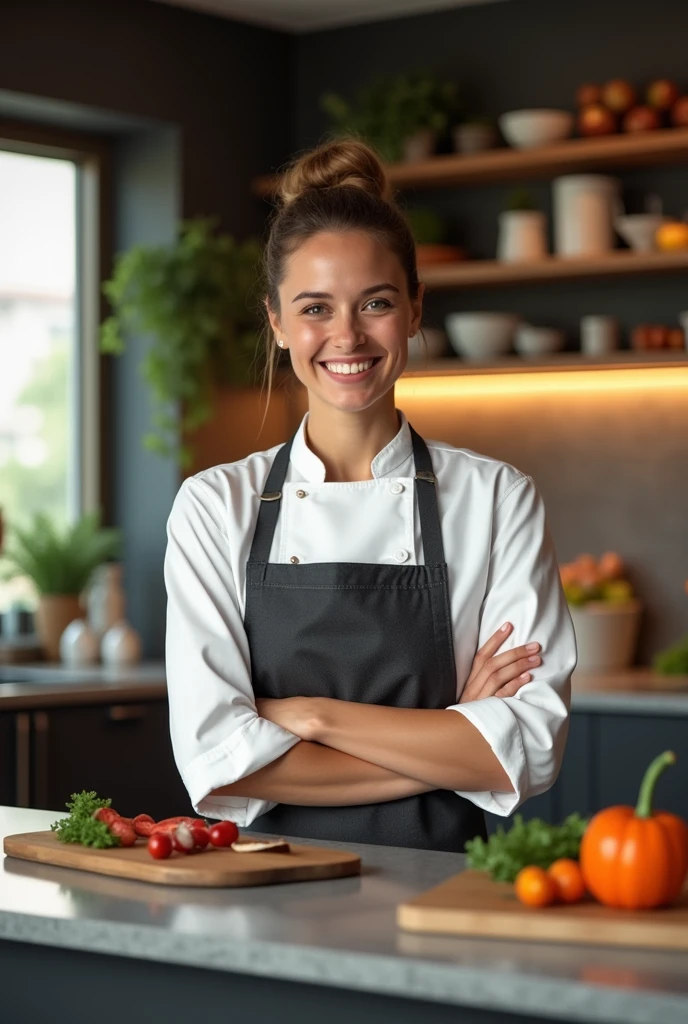 "A professional-looking, 3 American female , wearing a modern chef's coat and apron in a well-lit, stylish kitchen. She should appear friendly and confident, with a warm smile. The kitchen background should include sleek countertops, fresh ingredients, and soft natural lighting, creating a welcoming and inspiring atmosphere."