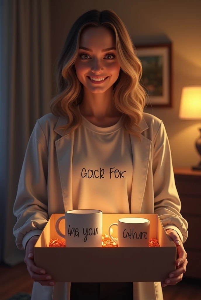 a one woman, gifting someone with a personalized shirt and mug in an open package that reveals the contents inside