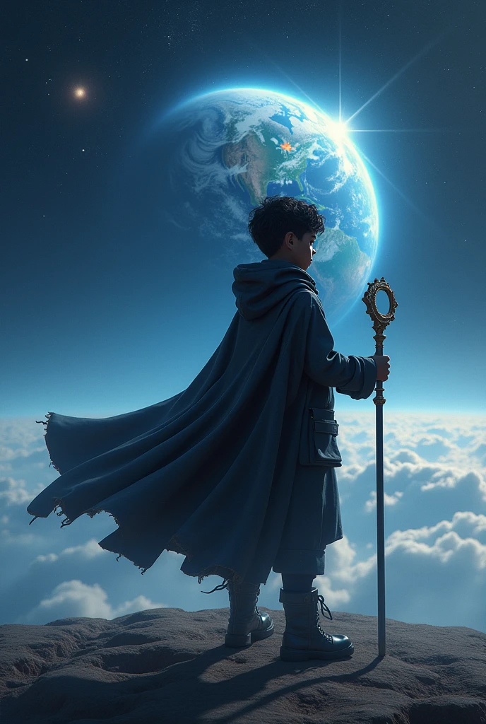 Dark skinned magician boy in space staring at the earth while he is completely turned away in a more or less modern outfit, a Cape, a hood covering his head and a magic staff