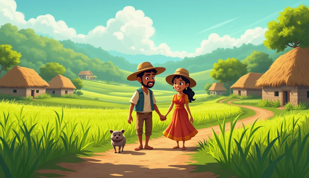 In cinematic 2d cartoon style log shot indian village  The farmer and his wife, now back in their simple life, working together in the fields with peaceful smiles on their faces.