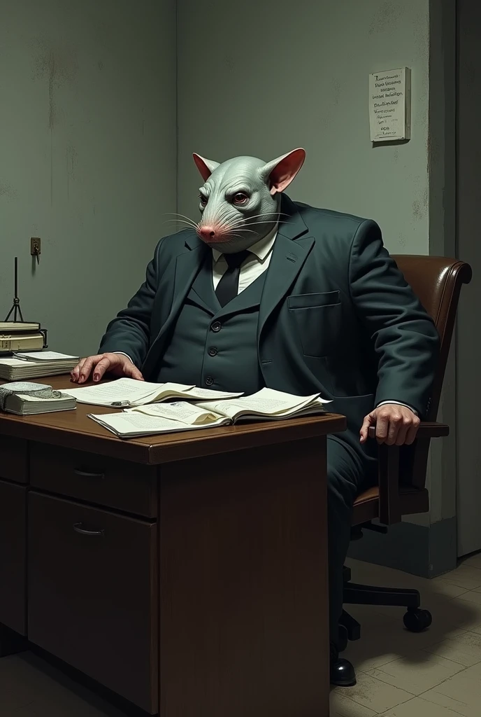 Create a rat-faced man. he wore a suit with tie. He is fat. his face looked cruel. he sat in an office with a chair and table