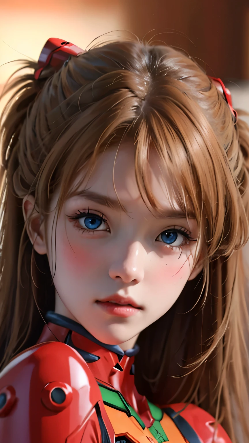 (masterpiece:1.4、Highest quality)、(Intricate details)、Unity8k Wallpapers、Super detailed、Beautiful and mysterious、Detailed Background、Real、solo、Perfectly detailed face、Detailed blue eyes、Very detailed、blush、hair ornaments、Mahogany Hair Chignon、(Blonde Hair)、Plugsuit 01、Shikinami Asuka Langley、Evangelion、Slender、、Ultra Close-Up