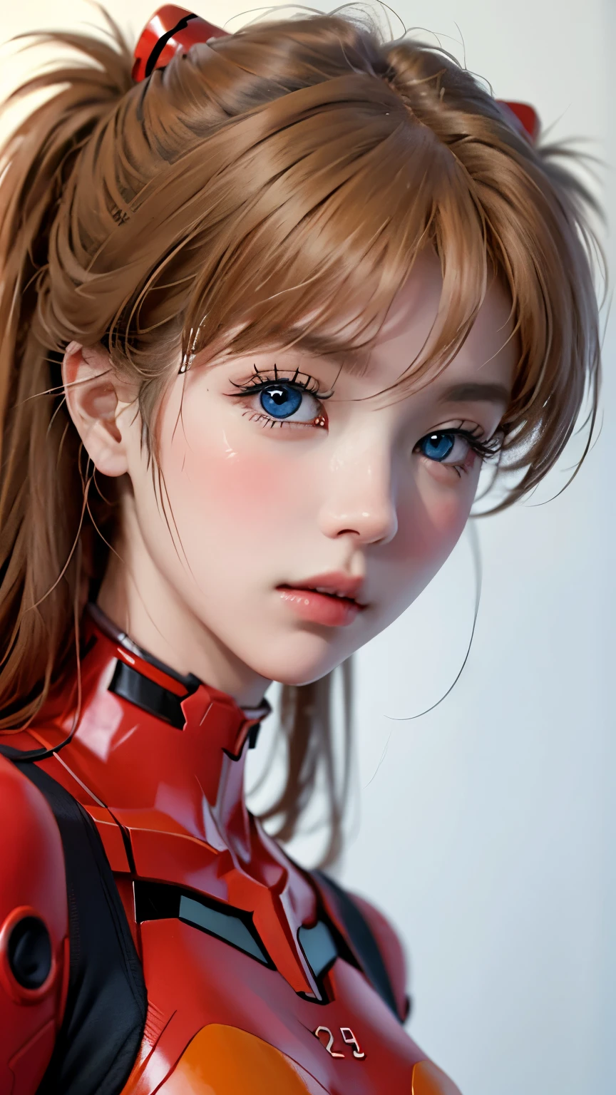 (masterpiece:1.4、Highest quality)、(Intricate details)、Unity8k Wallpapers、Super detailed、Beautiful and mysterious、Detailed Background、Real、solo、Perfectly detailed face、Detailed blue eyes、Very detailed、blush、hair ornaments、Mahogany Hair Chignon、(Blonde Hair)、Plugsuit 01、Shikinami Asuka Langley、Evangelion、Slender、、Ultra Close-Up