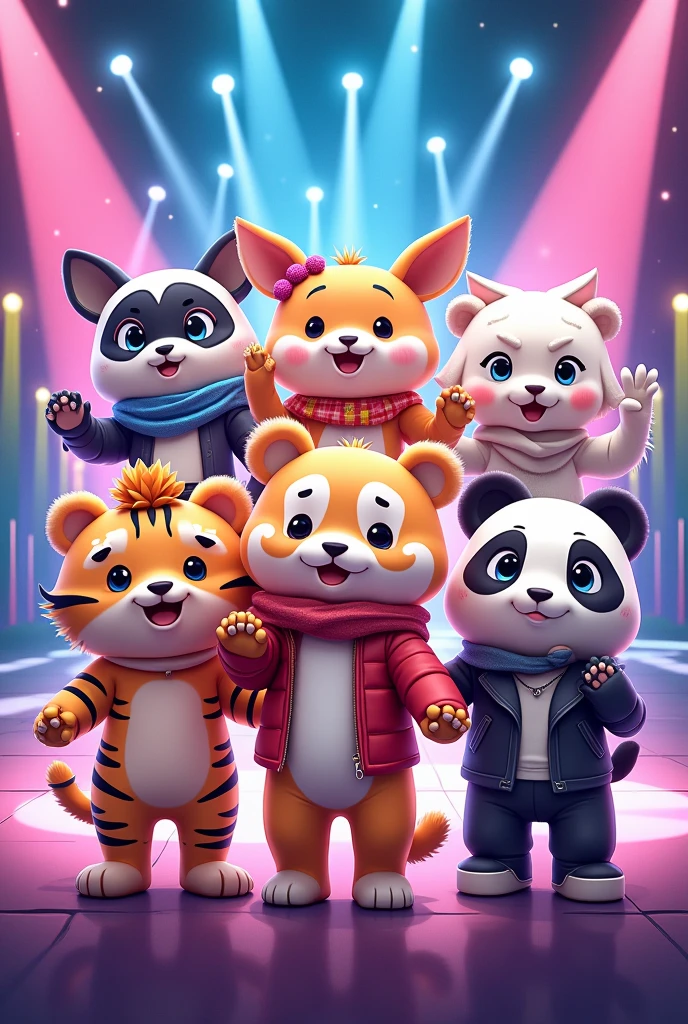 Create kpop mascots 7 animal members 
