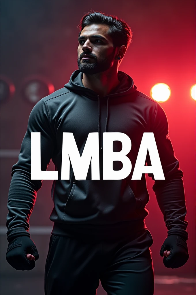 Logo for a sporting goods store called LMBA in white and red colors with an athlete behind it 
