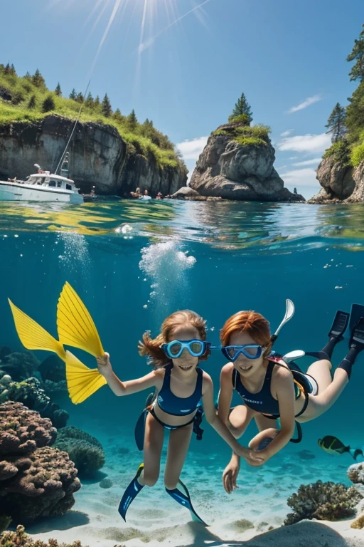 Happy skinny kids family scuba-diver sweden, with short ginger hair, dressed in light panties swimsuit, happy to pet fish, on a scorching summer day, in the lagoon on holidays.