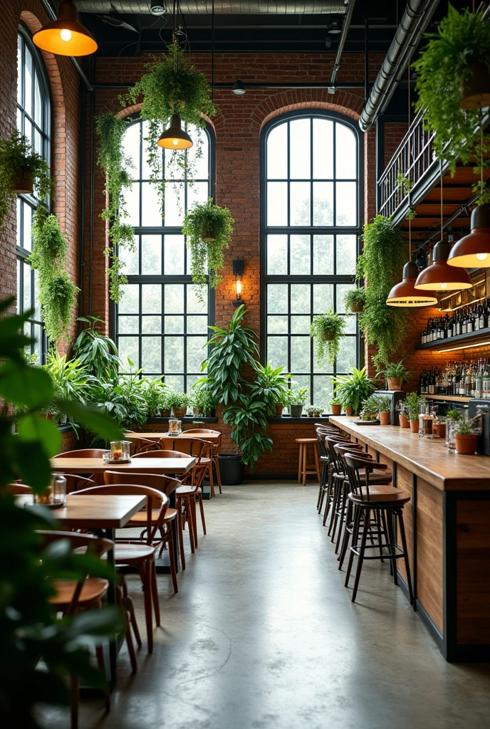 Draw the interior rendering of a plant-themed cafe transformed from an old factory