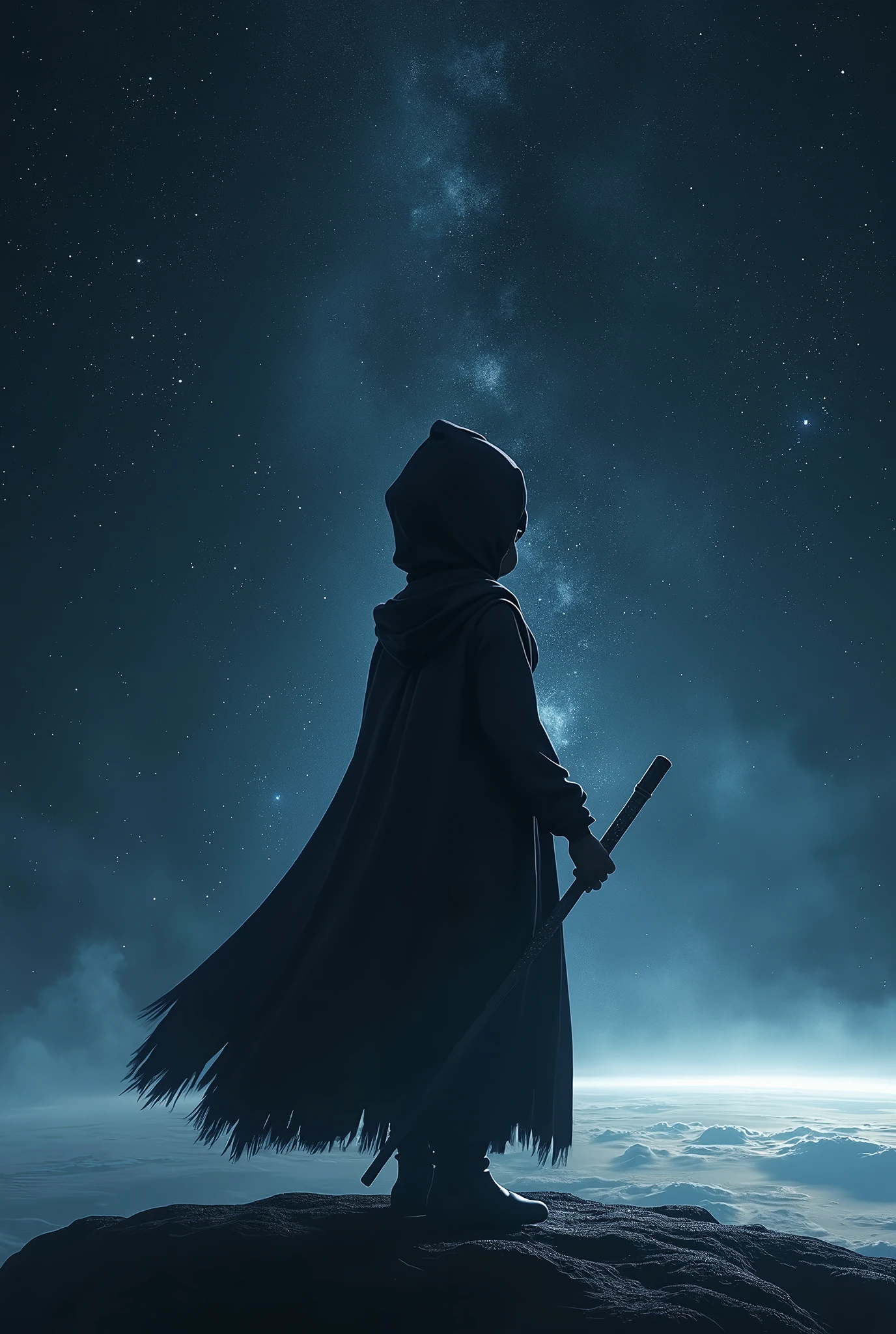 Dark skinned magician boy in space staring at the earth while he is completely turned away in a more or less modern outfit, a Cape, a hood covering his head and a stick