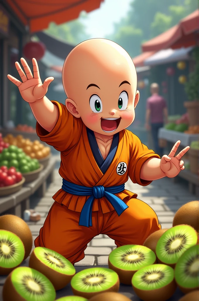 Krillin from Dragon Ball Z in his best pose selling Kiwis