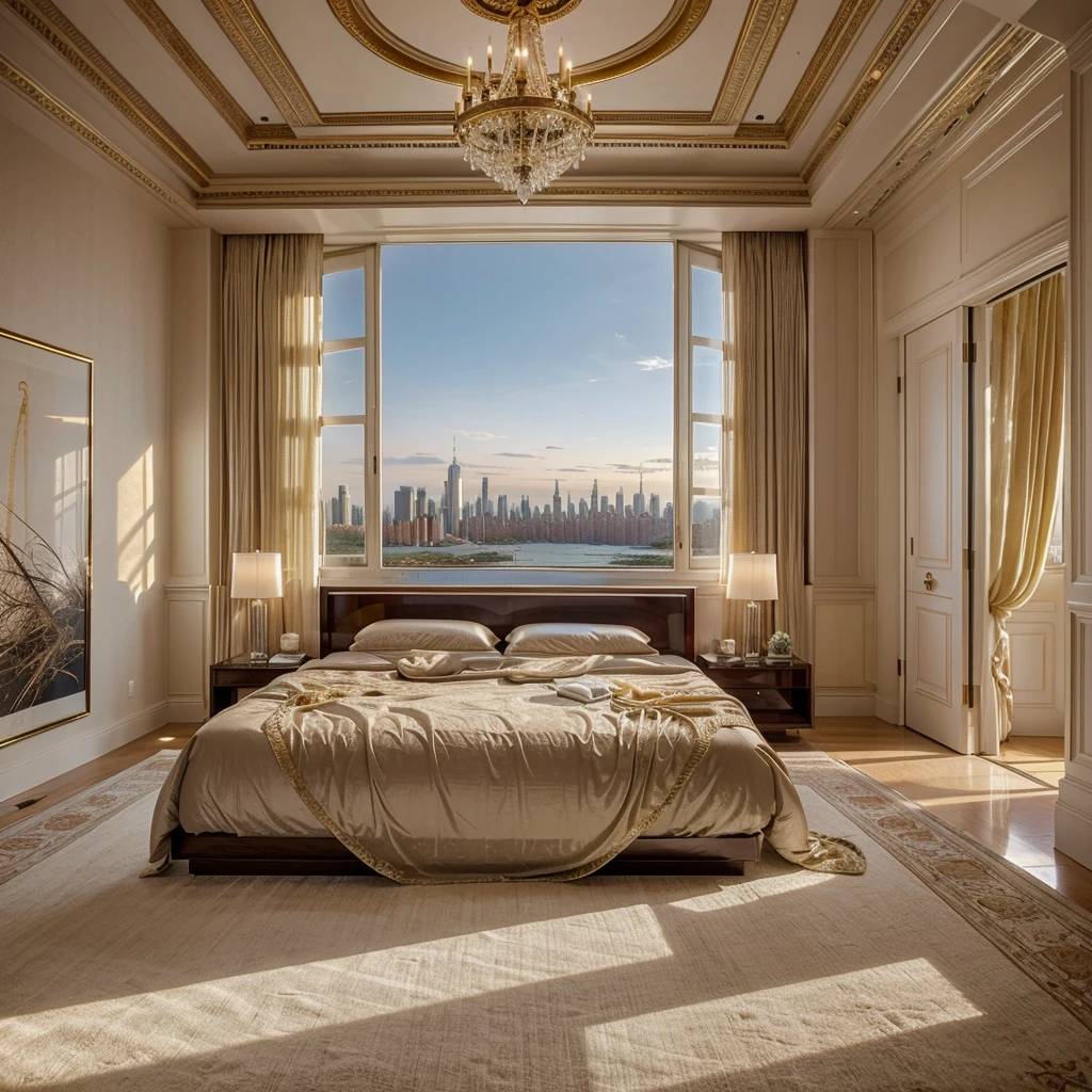 Imagine a billionaire's retreat in a New York City mansion, designing a serene and luxurious bedroom oasis with top-of-the-line features.